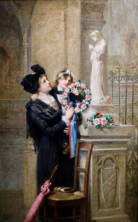 Adolf Weisz - Alsacienne et son enfant déposant une couronne de fleurs au pied de la statue de la Vierge Marie