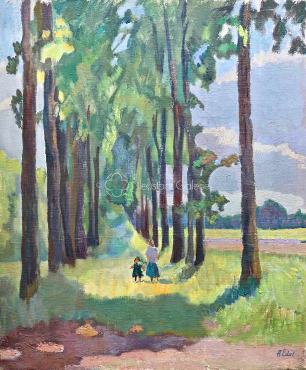 Alfred Edel - Mère et son enfant dans une allée d arbres