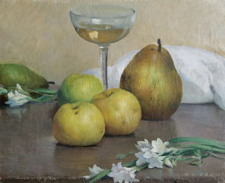 Alfred Giess - Nature morte aux fruits, fleurs et verre de vin