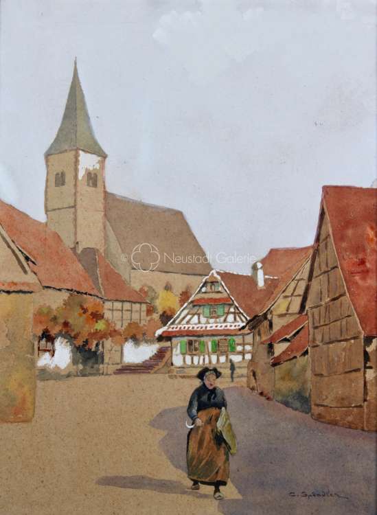 Charles Spindler - Alsacienne dans une rue d un village