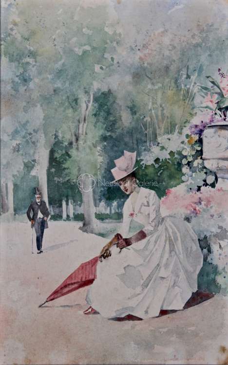 Charles Spindler - Elégante dans un parc avec un parapluie