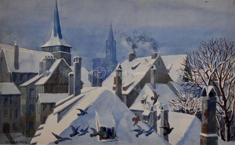 Georges Louis Edouard Ritleng - Cathédrale et toits de Strasbourg sous la neige