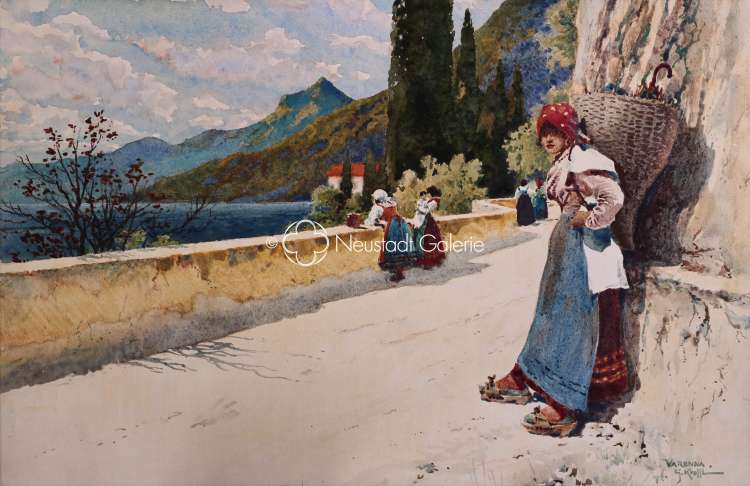 Gustave Krafft - Jeunes italiennes sur la route au bord du lac de Côme (Varenna) - Italie