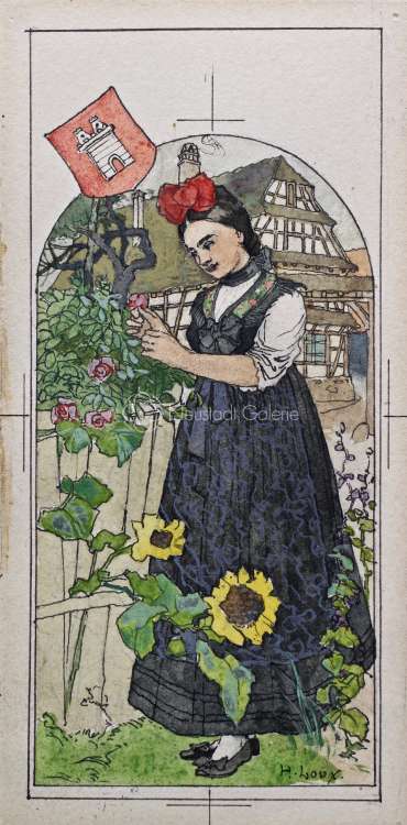 Henri Loux - Alsacienne de Wissembourg dans son jardin au milieu des roses et tournesols