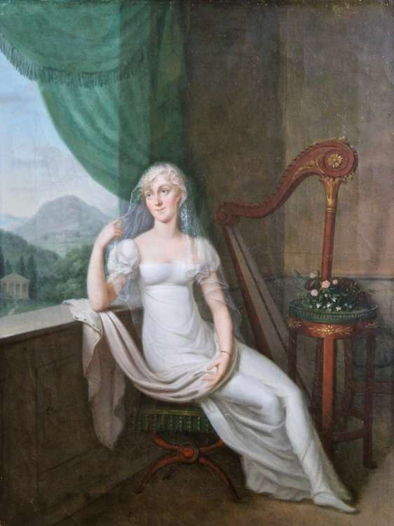 Jean Henri Cless - Femme en robe blanche dans un intérieur près d une harpe