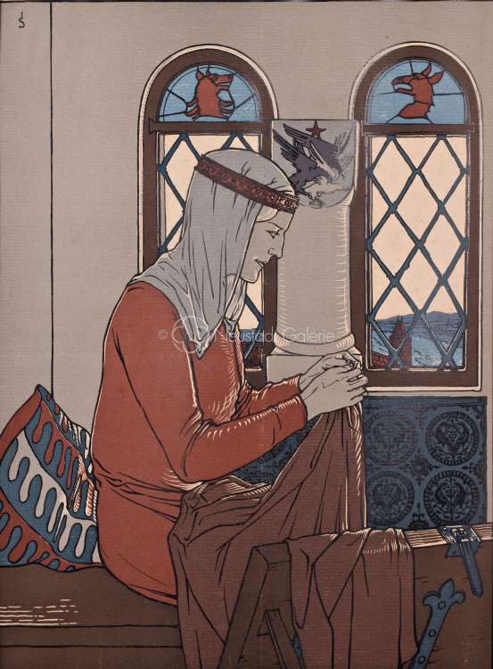 Joseph Sattler - Scène médiévale - Femme à la couture