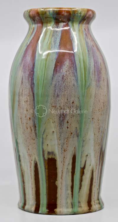 Léon Elchinger - Grand vase à coulures vertes, bleues, violettes sur fond ocre