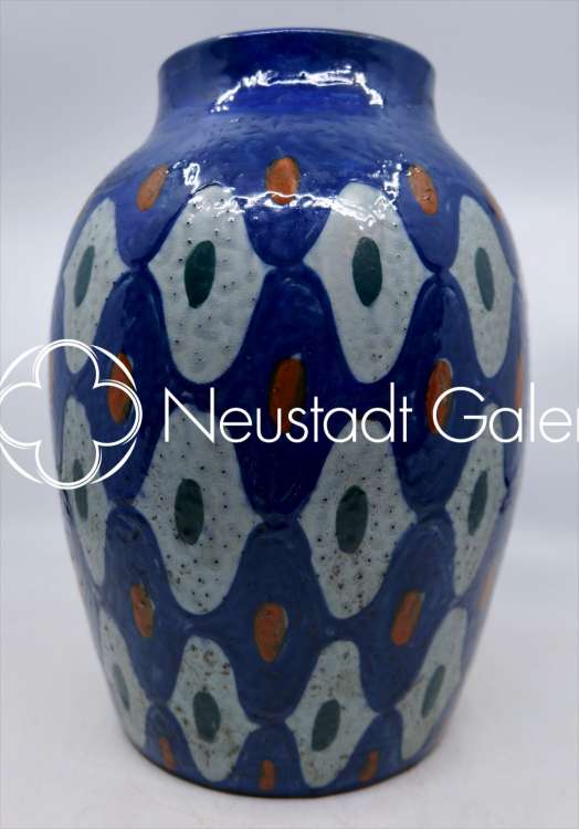 Léon Elchinger - Grand vase à décor géométrique bleu et points rouges