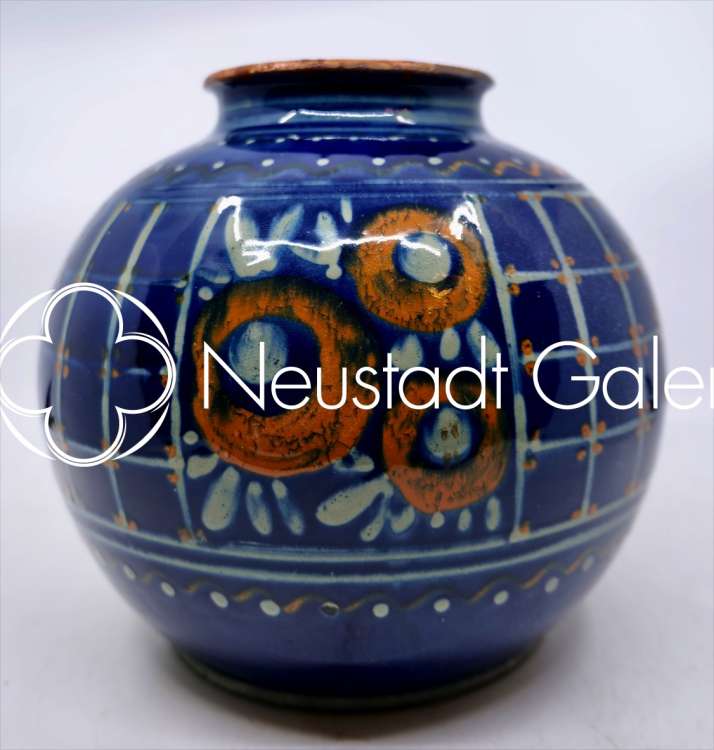 Léon Elchinger - Grand vase boule à décor géométrique et fleurs oranges