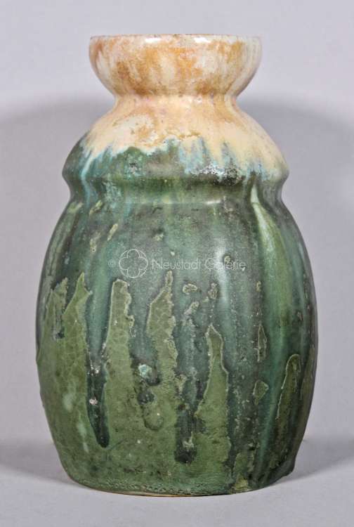 Léon Elchinger - Vase à double col à coulures de nuances beige et vert