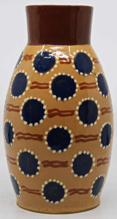 Léon Elchinger - Vase à points bleus sur fond jaune et col brun