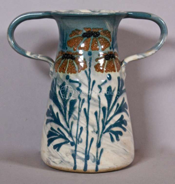 Léon Elchinger - Vase aux deux grandes anses à décor de marguerites rouges