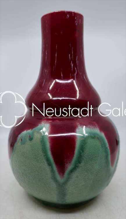 Léon Elchinger - Vase double gourde à coulures turquoises sur fond blanc cassé et col allongé