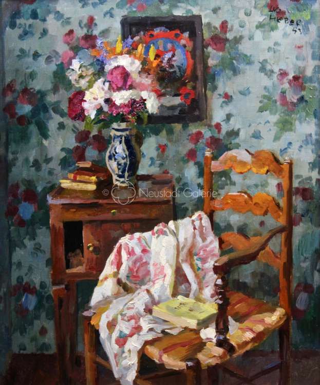 Luc Hueber - Intérieur à la chaise, bouquet de fleurs et fixé sous verre