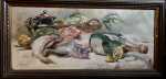 Georges DAUBNER Nature morte aux poissons, aux citrons et à la bouteille de champagne aquarelle, 39x90cm (avec son cadre). Georges Daubner