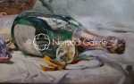 Georges DAUBNER Nature morte aux poissons, aux citrons et à la bouteille de champagne aquarelle, 39x90cm (détail). Georges Daubner