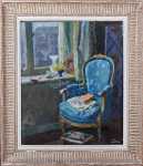 Luc HUEBER (1888 - 1974) Intérieur au fauteuil bleu et à la fenêtre (détail signature et date). Luc Hueber