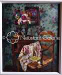 Luc HUEBER Intérieur à la chaise provençale, fixé sous-verre et vase betschdorf huile sur toile, 55x46cm - 1943 (avec son cadre). Luc Hueber