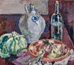 Luc HUEBER Nature morte aux légumes, pichet betschdorf, plat de soufflenheim et bouteille de schnaps Huile ur toile (1930) - détail. Luc Hueber