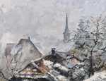 Lucien HAFFEN Village alsacien au clocher sous la neige HST (détail). Lucien Haffen